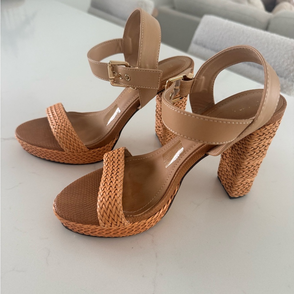 Woven Platform Block Heel Sandals - Tan